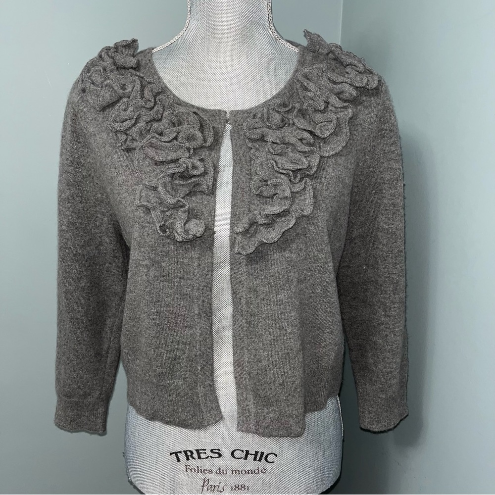 Marina Luna Gray Ruffle Trim Cardigan Sweater